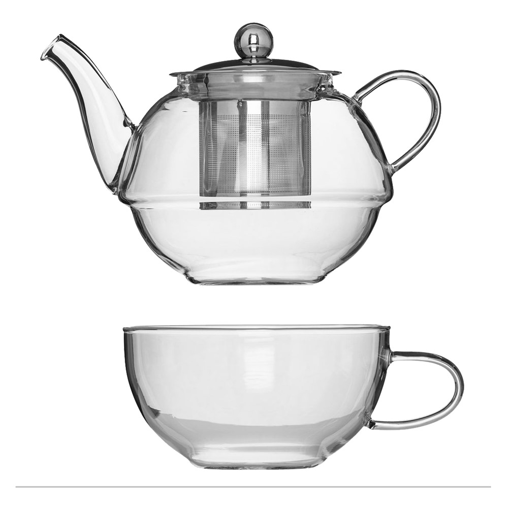 Teapot, glass+stainless steel, clear, pot 60cl; cup 40cl