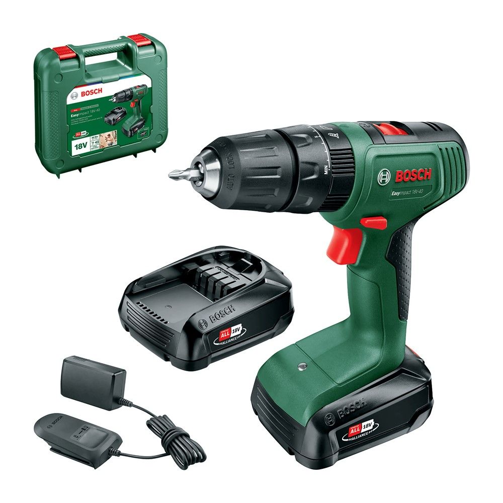 Trapan me bateri, Bosch, EasyImpact, 18V-40, 18 V, 2 x 2.0 Ah, 32 Nm, 13mm 30mm 8mm 2.0 24450 Bpm 13 Mandrino 8 Vide 13 Celik 30 Dru 13 Beton