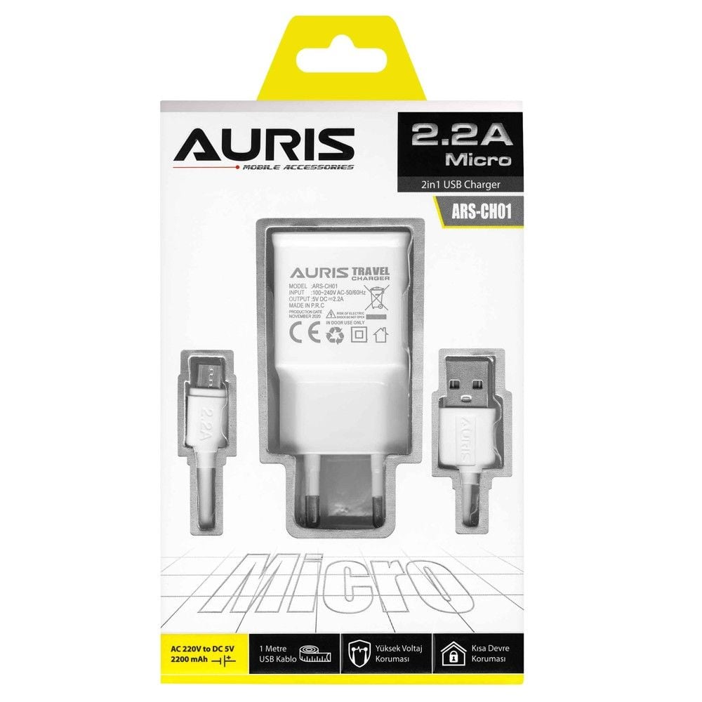 Karikues + fishë, Auris, CH01, 2.4 A, fishë USB - micro USB 2.4
