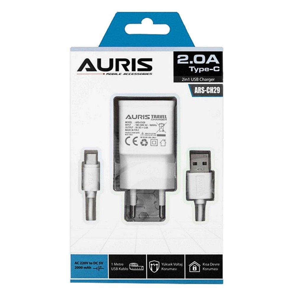 Karikues + fishë, Auris, CH29, 2.0 A, fishë USB - Type-C 2.0 Type-C