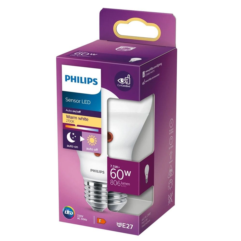 Llambe led, Philips, me sensor muzgu, 60W, 2700 K, A60, E27.