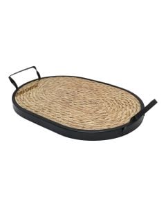 Decorative tray, glass/straw/metal, brown/black, 34x24 cm