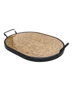 Decorative tray, glass/straw/metal, brown/black, 39x29 cm