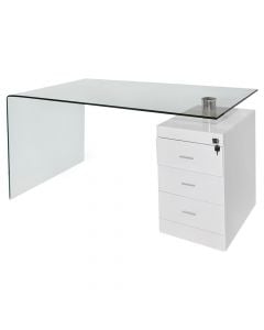 Office table, MILANO, tempered glass structure and MDF, tempered glass tabletop, clear/white, 135x75xH75 cm
