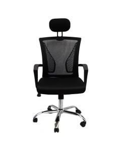 Office chair, metal chrome base and nylon casters, mesh backrest, fabric cover seat (black), with headrest, PP armrest, 55x49xH92-123 cm