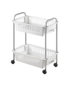 Rolling cart, Oslo, 2-tier, chrometherm® coating, 2 plastic baskets, white, 360° spinner wheels, 41x26xH52 cm