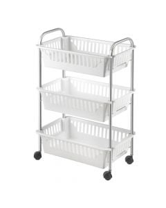 Rolling cart, Oslo, 3-tier, chrometherm® coating, 3 plastic baskets, white, 360° spinner wheels, 41x26xH63 cm