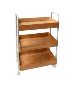 Multifunctional shelf, 3 levels, with wheels, bamboo/metal, white, 49.5x28xH69.5 cm
