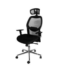 Karrige zyre me rrota, me krahë, strukturë e kromuar, rrjetë dhe tapiceri tekstili, e zezë, 63x66xH124-132 cm