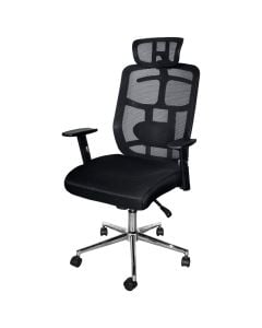 Karrige zyre me rrota, me krahë, strukturë e kromuar, rrjetë dhe tapiceri tekstili, e zezë, 66x66xH117-131 cm