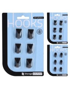 Adhesive hooks, 6 pieces, stainless steel, black, 1.6x2.8xH1.5 cm