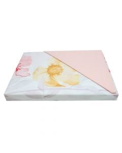 Çarçaf set, tek, pambuk, e bardhë me lule rozë, 165x240 cm; 90x190+ 25 cm; 50x80 cm (x1)