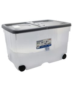 Storage box with wheels, plastic, transparent/ grey, 57 lt, 60x40xH36 cm