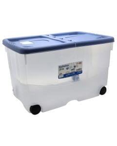 Storage box with wheels, plastic, transparent/ blue, 57 lt, 60x40xH36 cm