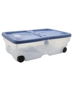 Storage box with wheels, plastic, transparent/ blue, 26 lt, 60x40xH18 cm