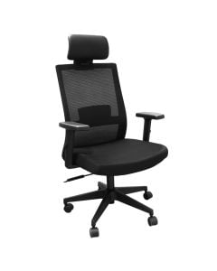 Karrige zyre me rrota, me krahë, strukturë plastike, rrota najloni, mbështetëse rrjete, tapiceri tekstili, e zezë, 50x50xH113-123 cm