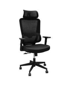 Karrige zyre me rrota, me krahë, strukturë plastike, rrota najloni, mbështetëse rrjete, tapiceri tekstili, e zezë, 53x52xH123-133 cm