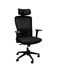 Karrige zyre me rrota, me krahë, strukturë plastike, rrota najloni, mbështetëse rrjete, tapiceri tekstili, e zezë, 50x51xH114-124 cm