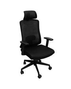 Karrige zyre me rrota, me krahë, strukturë plastike, rrota najloni, mbështetëse rrjete, tapiceri tekstili, e zezë, 49x49xH115-125 cm