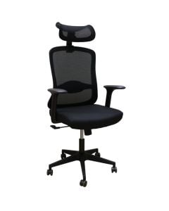 Karrige zyre me rrota, me krahë, strukturë plastike, rrota plastike, mbështetëse rrjete, tapiceri tekstili, e zezë, 50x49xH115-125 cm