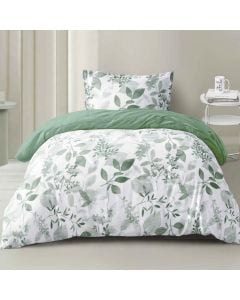 Duvet cover single set, polyester, white/green (with leaf design), 160x220 cm; 90x200+30 cm (fitted); 50x75 cm