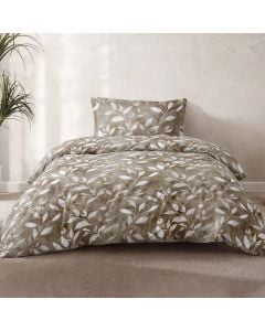 Duvet cover single set, polyester, brown/white (with leaf design), 160x220 cm; 90x200+30 cm (me fitted); 50x75 cm