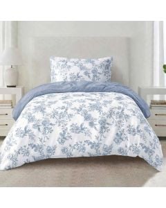 Duvet cover single set, polyester, white/blue (with flowers design), 160x220 cm; 90x200+30 cm (fitted); 50x75 cm