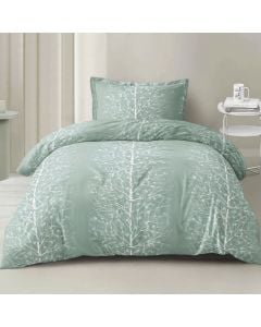Duvet cover single set, polyester, white/green (with leaf design), 160x220 cm; 90x200+30 cm (fitted); 50x75 cm