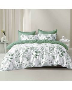 Duvet cover double set, polyester, white (with green leaf design), 220x240 cm; 160x200+30 cm (fitted); 50x75 cm