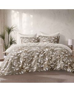 Duvet cover double set, polyester, brown/white (with leaf design),  220x240 cm; 160x200+30 cm (fitted); 50x75 cm