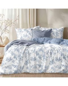 Duvet cover double set, polyester, white/blue, (with green leaf design), 220x240 cm; 160x200+30 cm (fitted); 50x75 cm