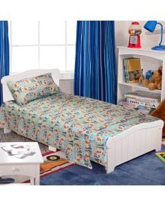 Kid bed linen (x2) and pillowcase (x1), 70% cotton, 30% polyester, blue, (160x240 cm; 90x190 cm); 50x80 cm