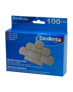 Waterproof sterile bandages (100 pieces), polyvinyl, brown, 7.6x1.9 cm (20 pieces); 5.6x1.9 cm (20 pieces); 4x1 cm (50 pieces); Ø2.2 cm (10 pieces)