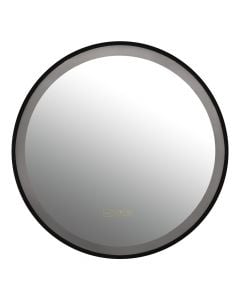 Pasqyrë rrethore me ndriçim, LED, kornizë alumini,e zezë, ndezja/fikja me prekje, me orë, 60x60 cm
