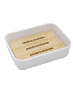 Soap holder, plastic/bamboo, white, 12x8.5xH3cm