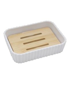 Mbajtëse sapuni, plastik/bambu, e bardhë, 12x8.5xH3cm