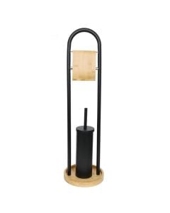 Toilet brush and toilet paper holder, metal/bamboo, black, 22xH80cm
