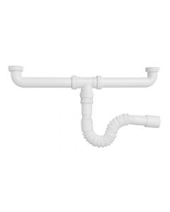 Sink siphon with 2 outlets + flexible pipe, plastic, white,  1/1/2''x32x40 mm