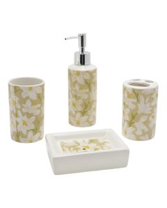 Bathroom accessory, 4 pieces, Floris, ceramic, white, green