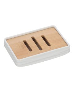 Mbajtëse sapuni ''Alabama'' në material ABS, bambu ngjyrë e bardhë, dru natyral. Përmasat, H : 2.5 cm, L : 11.5 cm, D : 8.5 cm