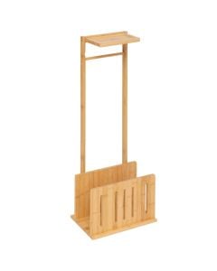 Toilet paper holder with reserve in bamboo material, natural wood color. Dimensions, H : 82 cm, W : 31 cm, D : 21 cm.