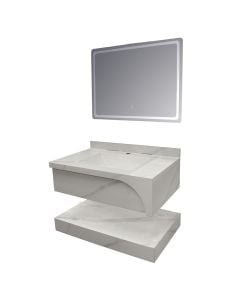 Set mobilje tualeti, me montim në mur, gur i sintetizuar, Përmasat: W 80 cm x D 50 cm x H 23 cm. Pasqyra LED: W 80 cm x H 60 cm