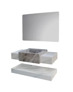 Set mobilje tualeti, me montim në mur, gur i sintetizuar, Përmasat: W 100 cm x D 50 cm x H 15 cm. Pasqyra LED: W 100 cm x H 70 cm