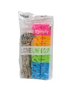 Clothespin and clothesline set, plastic, colorful, 10 pc