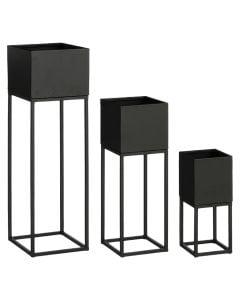 Flower pot, Timon, set 3 pieces, metal, black, 16x16xH38 cm; 20x20xH58 cm; 24x24xH78 cm