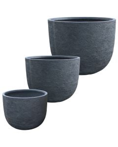 Vazo lulesh, set 3 copë, argjilë, gri e errët, (60.5x60.5xH47.5 cm)x (80.5x80.5xH62.5 m)x(100x100xH78 cm)