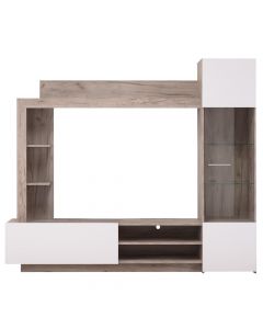 TV and wall display unit, TOTO, melamine and tempered glass, oak/white, 204x35xH174.5 cm