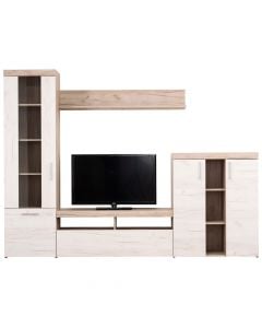 TV and wall display unit, ARNO, melamine, MDF and tempered glass, oak/white, 262x35xH195 cm