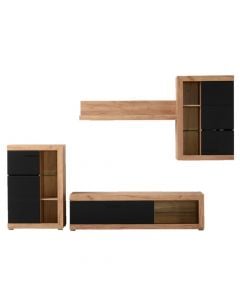 TV and wall display unit, ROSSO, melamine and tempered glass 4mm, gold oak/black matt foil, 266.5x41.5xH186 cm