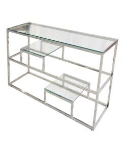 Multifunctional shelf, stainless steel structure (silver), tempered glass 8 mm, clear, 140x38xH79 cm